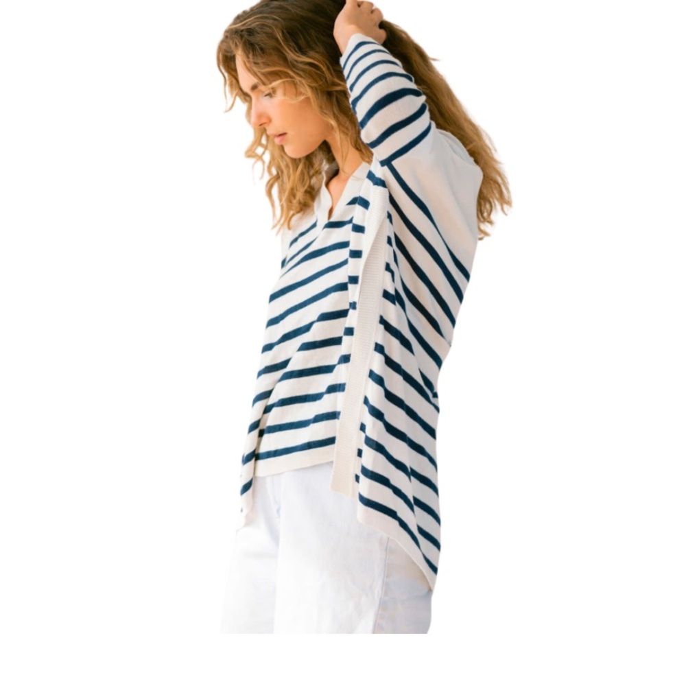 Mersea Striped V-Neck Sweater - Navy and White - Picture 2 of 8